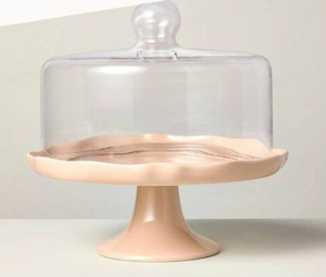 lot 308 image: Hearth and Hand Scalloped Stoneware Covered Dessert Stand Blush