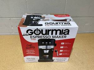 lot 222 image: Gourmia 15 Bar Espresso Maker with Powerful Frothing Wand  Black 1500W, 30oz Capacity
