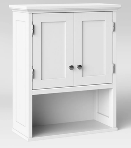 lot 160 image: Wood Wall Cabinet White - Threshold MDF Floating Shelf, Over Toilet Storage