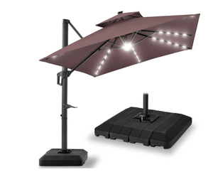 lot 295 image: Best Choice Products 10x10ft 2-Tier Square Outdoor Solar LED Cantilever Patio Umbrella w Base Included- Deep Taupe