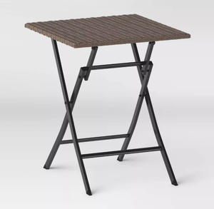 lot 390 image: All-Weather Wicker Square Folding Outdoor Portable Side Table Light Brown - Room Essentials Steel Frame, Rust-Resistant