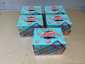 lot 232 image: LOT OF 5 Alani Nu Sugar Free Energy Drink, Juicy Peach, 12 fl oz, 12 Pack, Cans, 200mg Caffeine
