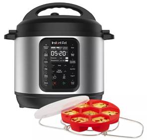lot 272 image: Instant Pot 6qt 9-in-1 Pressure Cooker Bundle Exclusive Bonus Silicone Pan with Lid, Rice & Multi Cooker, Stainless Steel