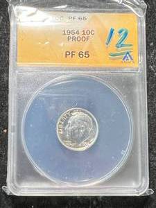 lot 11 image: 1954 US PROOF ROOSEVELT DIME ANACS PF65