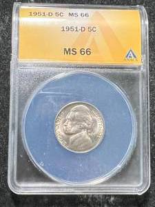 lot 15 image: 1951-D US JEFFERSON NICKEL ANACS MS66