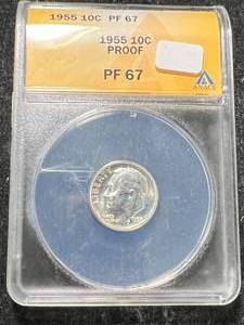 lot 31 image: 1955 US PROOF ROOSEVELT DIME ANACS PF67