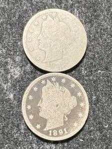lot 32 image: 2 US LIBERTY NICKELS 1889 1891