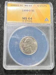 lot 38 image: 1999-D US JEFFERSON NICKEL ANACS MS64 6 STEPS