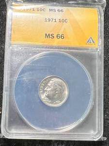lot 44 image: 1971 US ROOSEVELT DIME ANACS MS66