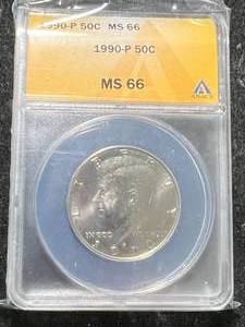 lot 56 image: 1990 US KENNEDY HALF DOLLAR ANACS MS66