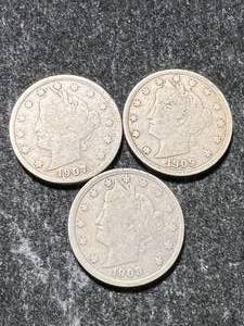 lot 66 image: 3 US LIBERTY NICKELS 1907 08 09