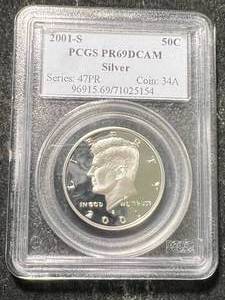 lot 67 image: 2001-S US PROOF SILVER KENNEDY HALF DOLLAR PCGS PR69DCAM
