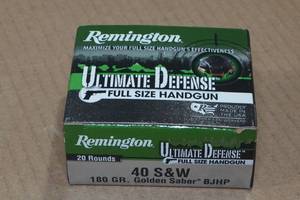 lot 254 image: 20 Remington Ultimate Defense .40 S&W 180 Gr Golden Saber BJ HP Ammo
