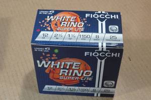 lot 309 image: 25 Fiocchi White Rino 12 Gauge 2-34 8 Shot Shotshells
