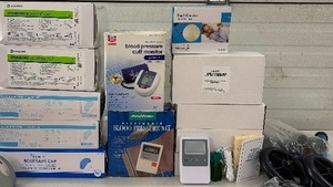 lot 52 image: NEW IN BOX Med Supplies  BP Monitors, Bouffant Caps, Phone Amplifier, Silent Call Vibration Bed Alarm, (4) Traceable Refrigerator Freezer Memory Monitoring Thermometers with Alarm, Caster Wheels See Picture & Description For All In This Lot