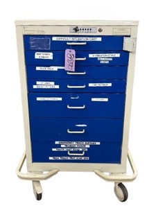 lot 27 image: MSRP $3,000 Armstrong Medical A-Smart Emergency Crash Cart  Lightweight Aluminum Frame, Full-Extension Ball-Bearing Drawers, Can Lock Drawer with Padlock Great Condition No key