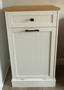 lot 21 image: White Tilt-Out Trash Cabinet with Faux Bamboo Top and Blue Plastic Recycling Bin
