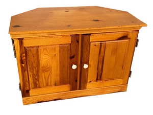 lot 40 image: Vintage Pine Corner TV Stand Cabinet with Dual Doors
