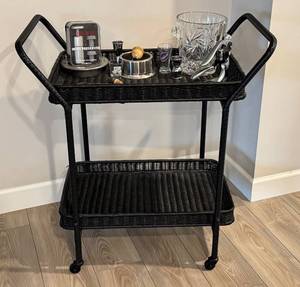 lot 12 image: Black Wicker Bar Cart with Wine Accessories