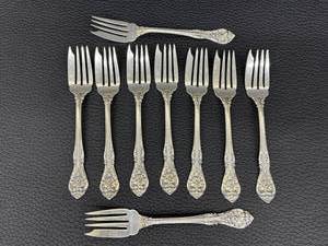 lot 14B image: Set of 8 Vintage Sterling Silver Gorham King Edward Salad Forks