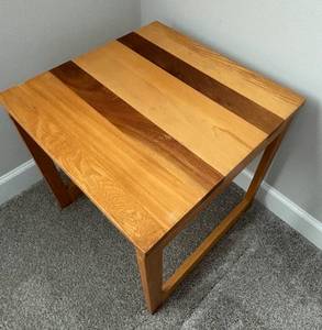 lot 28 image: Handcrafted Wooden Side Table with Varied Wood Tones