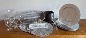 lot 45 image: Collection of Assorted Silver Chargers, Stemware and Dining Accessories