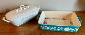 lot 56 image: Pioneer Woman Floral Stoneware Baking Dish and Vintage-Style White Ceramic Covered Dish Set