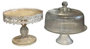 lot 72 image: Vintage Metal Pedestal Pastry Server with Glass Dome