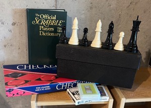 lot 129 image: Checkers, Chess Markers, Scrabble Book and Playing Cards