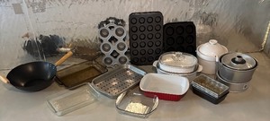 lot 155 image: Cooking and Baking Grouping including Cake Pans, Muffin Tins, Popover Pan, Bread Pans, Soup Tureen, Corning Ware and More