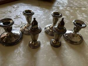 lot 12A image: Set of 6 Sterling Silver Candle Holders and Salt Pepper Shaker