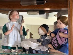 lot 23 image: Set of 3 Traditional Doll Figurines in Display Case with Certificate of Authenticity for Rebeccah and At Prayer