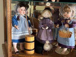 lot 25 image: Set of 3 P. Buckley Moss Amish-Style Collectible Dolls with Accessories and Certificates of Authenticity for Sarah and Eliza