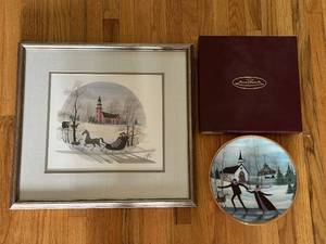 lot 33 image: Signed P Buckley Moss Winter Scene Artwork and Skating Plate