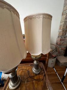 lot 51 image: Pair of Vintage Table Lamp with Ornate Design and Fabric Shade