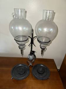 lot 60 image: Pair of Vintage Etched Glass Wine Decanters with Stand
