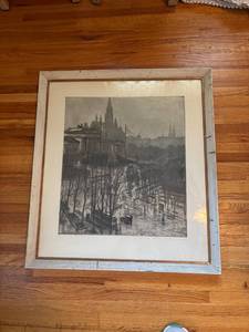 lot 121 image: Framed Vintage Artwork of Vienna Austria Cityscape in Rain