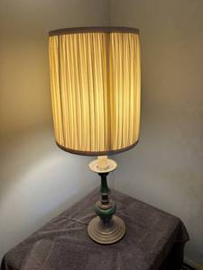 lot 127 image: Vintage Brass and Green Enamel Table Lamp with Pleated Shade