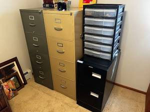 lot 140 image: Set of 2 Four Solid Metal Filing Cabinets, 1 Two Drawer Filing Cabinet, and a Plastic Drawer Organizer