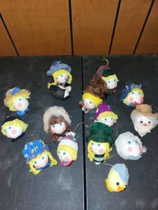 lot 258 image: Lot of 13 Handmade Doll Head Ornaments & Avon Silverplated Dish Gift Set