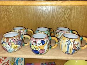 lot 285 image: Set of 6 Hand-Painted Ceramic Cups with Figurative Motifs