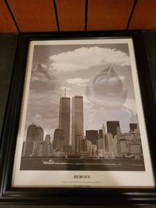 lot 290 image: Framed Heroes Print with Twin Towers and Firefighter Motif