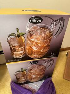 lot 341 image: Two Gibson Jewel Light 5-Piece Glass Pitcher and Tumbler Sets