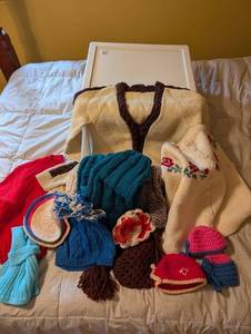 lot 359 image: Assorted Handmade Knit Sweaters and Accessories in Storage Drawer