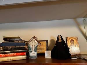 lot 372 image: Collection of Religious Books, Wall Fountain, Doll, and Icon Art