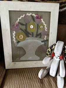 lot 433 image: Framed Fabric Art with Soft Figurine Decor