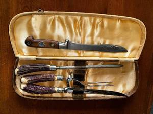 lot 445 image: Vintage Carving Set with Stag Horn Handles and Case