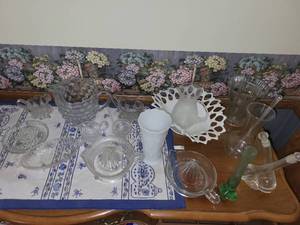 lot 472 image: Collection of Glass and Milk Glass Serveware Including Pitchers and Trays