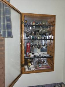 lot 478 image: Collection of 30 Souvenir Spoons in Wood Display Cabinet