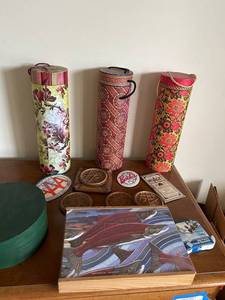 lot 492 image: Collection of Decorative Tubes with Coasters and Wooden Plaque